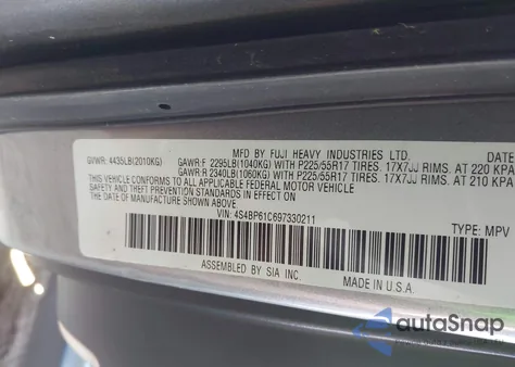 2009 Subaru Outback 2.5I from USA, damaged, VIN 4S4BP61C697330211